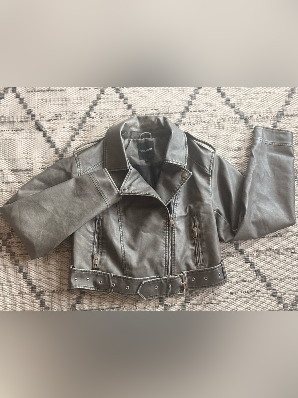Fashion Nova Gray Faux Leather Cropped Moto Jacket